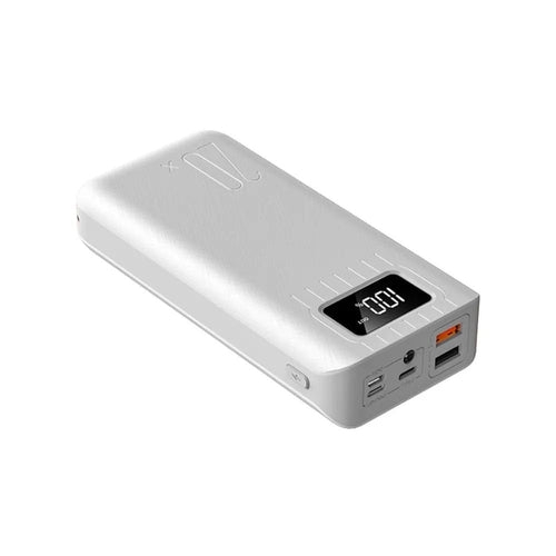 Batería externa Power Bank de 20000 mAh con doble puerto USB y linterna LED.