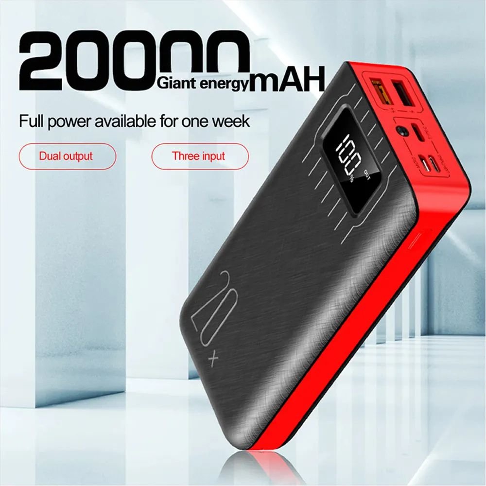 Batería externa Power Bank de 20000 mAh con doble puerto USB y linterna LED.